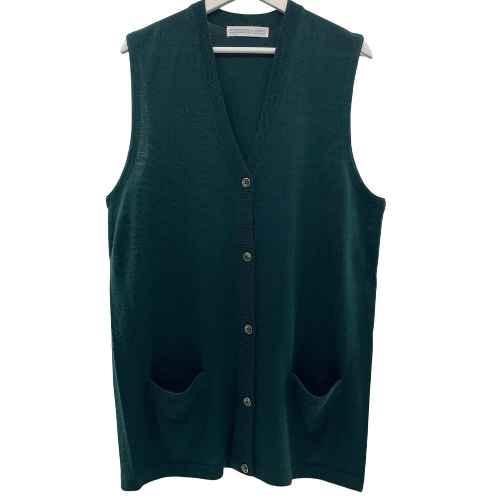 Vtg Size M Cardigan Sweater Vest Oversized V-Neck‎ Long Line Button Hunter Green